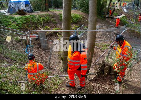 Aylesbury Vale, Buckinghamshire, UK. 29th April, 2021. HS2 Security reinforcing fencing in the woods. HS2 have had a legal decision to stop them felling overturned and were back destroying the ancient woodland at Jones Hill Wood today despite it being the bird nesting season and that rare Barbastelle bats are known to roost in the woods. The High Speed Rail 2 from London to Birmingham is carving a huge scar across the Chilterns which is an Area of Outstanding Natural Beauty. Credit: Maureen McLean/Alamy Live News Stock Photo