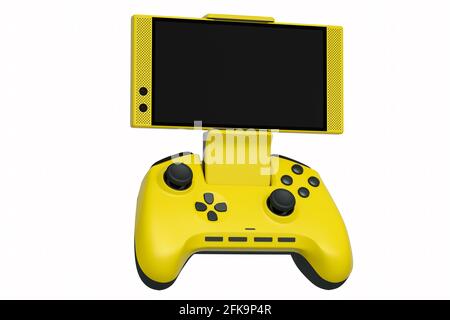 Realistic yellow joystick for playing games on mobile phone on white background Stock Photo