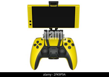 Realistic yellow joystick for playing games on mobile phone on white background Stock Photo