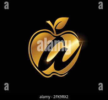 A Vector Illustration of Golden Apple and Leaf MOnogram Initial Letter A Stock Vector