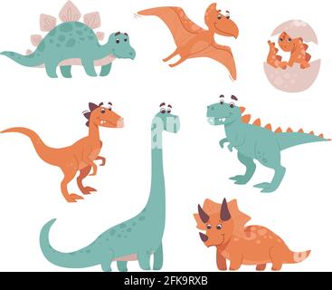 Funny dinosaurs. Stegosaurus, triceratops, brontosaurus, velociraptor. Collection of prehistoric animals. The dinos are smiling. Vector set Stock Vector