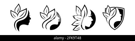 A Set of easy edit and coloring Illustration for Beauty and Leaf Logo Sign in white and black color option Stock Vector