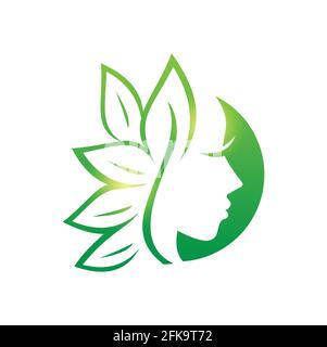 A Vector Illustration of Green Beauty and Leaf Logo Sign with green shade gradient color in white background with young woman silhouette face Stock Vector