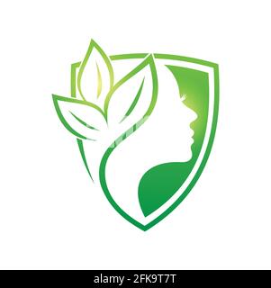A Vector Illustration of Green Beauty and Leaf Logo Sign with green shade gradient color in white background with young woman silhouette face Stock Vector
