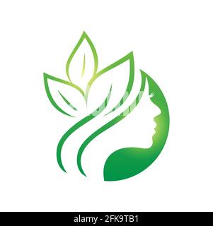 A Vector Illustration of Green Beauty and Leaf Logo Sign with green shade gradient color in white background with young woman silhouette face Stock Vector