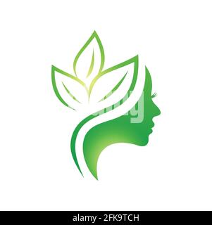 A Vector Illustration of Green Beauty and Leaf Logo Sign with green shade gradient color in white background with young woman silhouette face Stock Vector