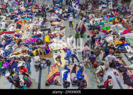 VARANASI, INDIA - OCTOBER 25, 2016: Crowds of local people wait for their train at Varanasi Junction railway station, India Stock Photo