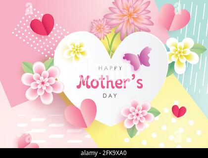 Happy mothers day realistic background wallpaper vector with flowers, heart and butterfly, Mother's Day greeting poster, 3d banner design Stock Vector