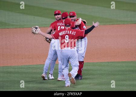 Cincinnati Reds first baseman Mike Moustakas (9) plays during the first  baseball game of a doubleheader against the Pittsburgh Pirates Thursday,  July 7, 2022, in Cincinnati. (AP Photo/Jeff Dean Stock Photo - Alamy