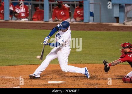 Los Angeles Dodgers shortstop Corey Seager (5) bats during a MLB game, Tuesday against the Cincinnati Reds, April 27, 2021, in Los Angeles, CA. The Re Stock Photo