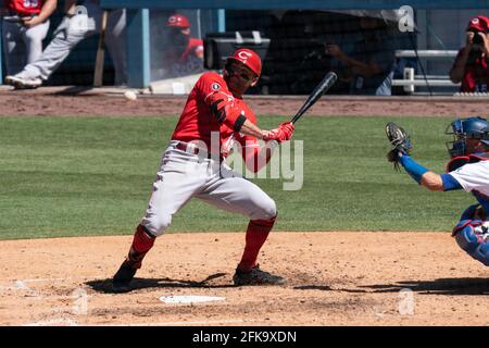 Cincinnati Reds first baseman Joey Votto (19) watches a ball during a MLB game against the Los Angeles Dodgers, Wednesday, April 28, 2021, in Los Ange Stock Photo