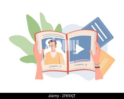 Hands holding book with playing online lesson vector flat illustration. Online education, remote learning, audiobooks mobile application. Digital studying and entertainment concept. Stock Vector