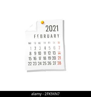 2021 Calendar on white paper, February. Editable vector over white background Stock Vector