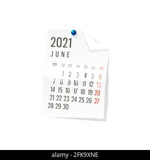 2021 Calendar on white paper, June. Editable vector over white background Stock Vector
