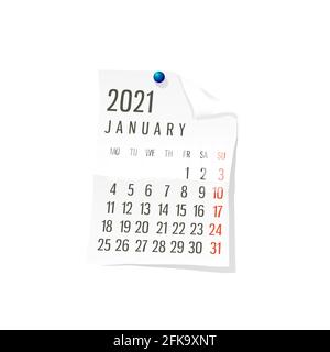 2021 Calendar on white paper, January. Editable vector over white background Stock Vector