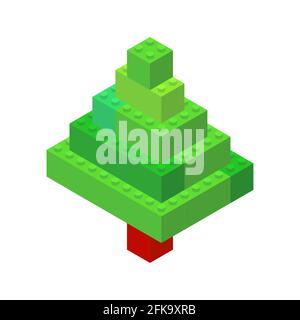 Isometric tree on a white background made of colored plastic blocks. The children s designer. Vector illustration. Stock Vector