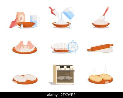 Preparation of tasty bread step by step vector flat illustration isolated on white background. Instruction how to prepare pastry. Food and ingredients for bread preparation. Cooking symbols. Stock Vector