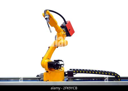 Industrial robotic welding that install iron rail for moving to work on smart factory, industry 4.0, isolated on white background Stock Photo