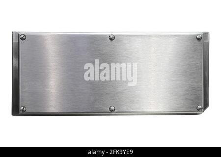 Empty stainless steel plate and knot screw, copy space for put text character or commercial massage , isolated on white background Stock Photo