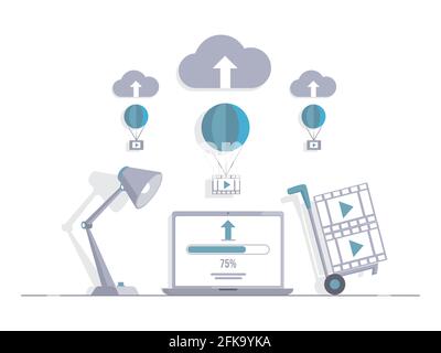 Video loading on laptop vector flat illustration. Computer screen with load screen, cloud storage signs. Making video content, movies for internet, social media, social networking concept. Stock Vector