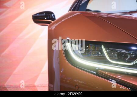 Nonthaburi-Thailand 3 APR 2019: Close-up Headlight of BMW i8 Roadster show on display at The 40th Bangkok International Motor Show 2019 Stock Photo