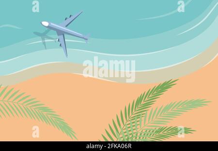 Top view of sunny summer beach, the sea and flying plane. Vector flat banner template for summer vacation, tourist travel, journey to the tropical resort. Airplane flies over the sea and sandy beach. Stock Vector