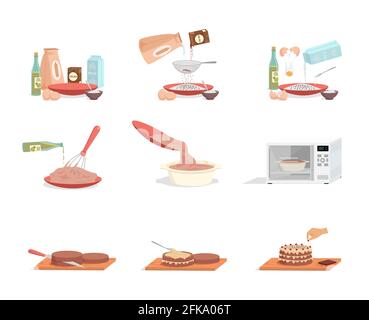Preparation of sweet tasty birthday cake step by step vector flat illustration isolated on white background. Instruction how to prepare pastry. Food and ingredients for chocolate cake preparation. Stock Vector