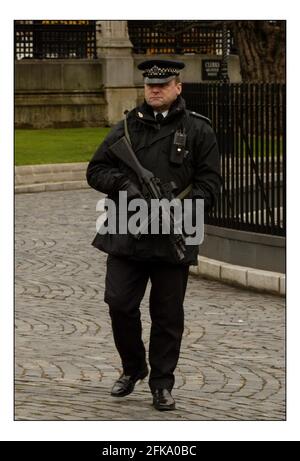 Armed policemen stand guard outside the House of Commons as anti-terrorism legislation is debated in parliament in London.pic David Sandison 11/3/2004 Stock Photo