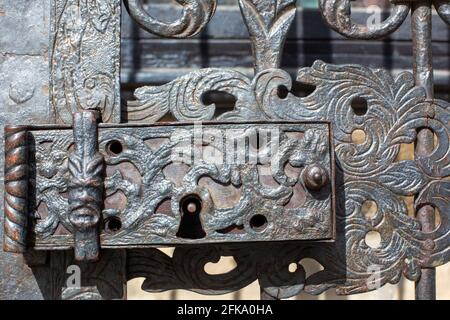 Pilsen, Czech Republic, 1.09.2019 - old lock on cast iron fence of plague column Stock Photo