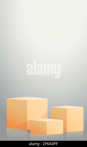 Realistic yellow cubes - boxes on gray studio background - Vector illustration Stock Vector