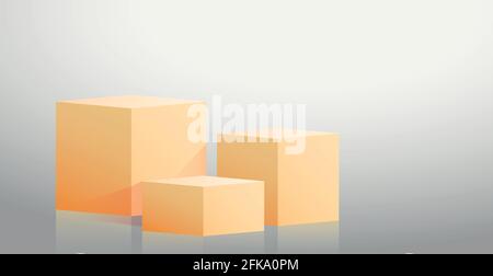 Realistic yellow cubes - boxes on gray studio background - Vector illustration Stock Vector