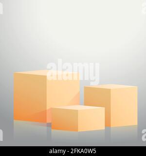 Realistic yellow cubes - boxes on gray studio background - Vector illustration Stock Vector