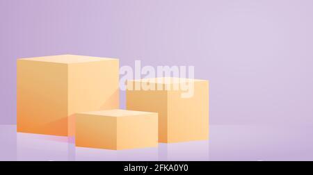 Realistic yellow cubes - boxes on blue studio background - Vector illustration Stock Vector