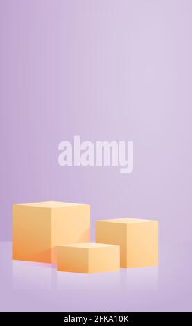 Realistic yellow cubes - boxes on blue studio background - Vector illustration Stock Vector