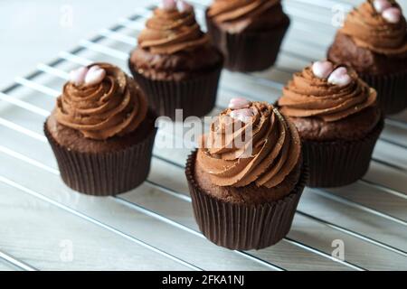 Tasty home made baked birthday muffin sweets. Yummy bakery products bad for figure. Unhealthy sweets. Holiday christmas, womens mothers day, happy val Stock Photo