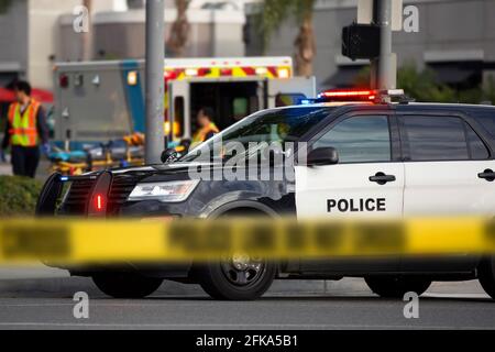 Emergency and police units respond to the scene of an emergency. Stock Photo