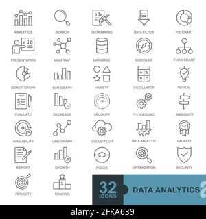 Data analysis, statistics, analytics minimal thin line, glyph, filled color, solid web icon set icons collection. Simple vector illustration Stock Vector