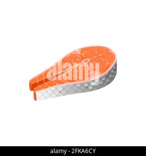 Salmon steak, fish fillet, food and seafood vector isolated icon. Raw slice of salmon steak or fresh trout meat filet, cooking and sushi ingredient, J Stock Vector