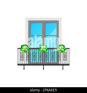 Balcony window with fence railing, vector building architecture and house facade. Balcony with glass window and banister of wrought iron lattice and f Stock Vector