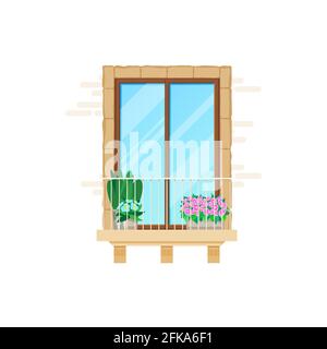 Balcony and house window, building classic flat facade, vector architecture. Apartments balcony with door, banister on brick wall and flowers, villa g Stock Vector