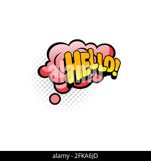 Hello chat message isolated halftone comic label. Vector pop art sticker tag, hi greeting dialogue balloon speech bubble. Hello text phrase in boom ba Stock Vector