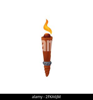 Wooden stick with burning fire isolated flaming torch icon. Vector sparkling portable piece of wood with fire, retro illumination. Sport object carrie Stock Vector