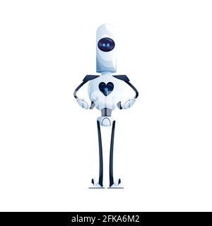 Robot with hands and long legs, heart on display isolated cartoon character with flexible arms. Vector futuristic electronic humanoid. Artificial inte Stock Vector