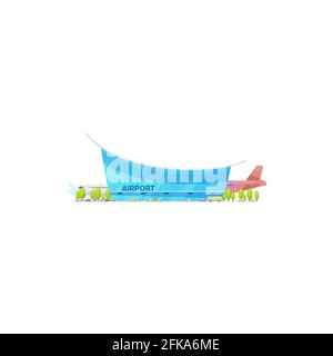 Airport glass building facade and aerodrome with shuttle plane isolated. Vector terminal and airliner, skyline futuristic construction. Planes on runw Stock Vector
