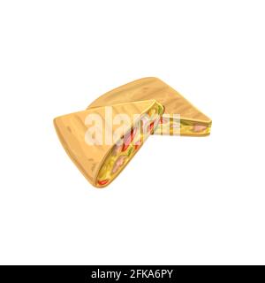 Quesadilla, fast food menu snacks and sandwiches vector isolated icon. Mexican cuisine and fastfood restaurant or street food bistro delivery and take Stock Vector