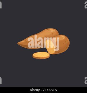 Sweet potatoes whole and cut isolated vegetable food. Vector farming and agriculture product, vegetable root, nutrition food ingredient. Unpeeled larg Stock Vector