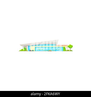 Supermarket, store mall or shop front icon, vector grocery building and big hypermarket. Supermarket building entrance facade with car parking lot, fl Stock Vector