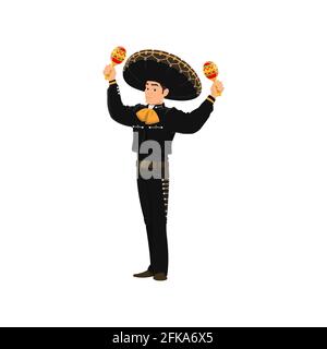 Spanish street band player mariachi plays on maracas isolated cartoon character. Vector performer with maracas musical instruments, mariachi player in Stock Vector