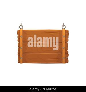 Wooden sign board on metal chains isolated realistic icon. Vector retro billboard with nails, wood plank timber panel, hanging empty vintage banner. C Stock Vector