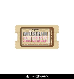 Retro ticket to museum isolated random coupon card, keep till end of exhibition. Vector admit on performance or excursion in museum. Admission to visi Stock Vector